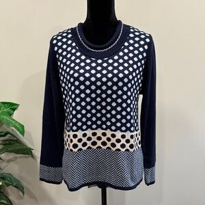 Skovhuus Navy and Ivory Mixed Polka Dot Sweater with Roll Crewneck